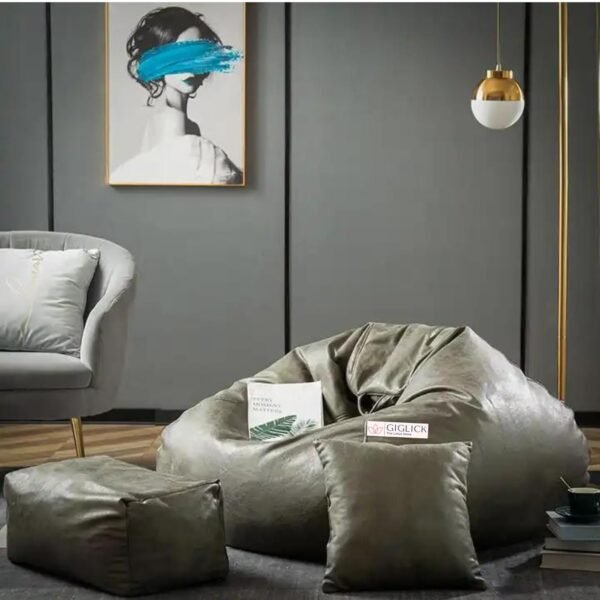 Premium Imported Soft Vegan Leather Bean Bag with Rectangular Footrest and Comfy Cushion with Beans Filled I Ready to Use Bean Bag Chair Color- (XXXXL, Olive Green)