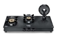 Prestige Svachh Neo 3 Burner Gas Stove | Easy Clean Design-3 Liftable Burners | Toughened Glass Top | Tri-Pin Brass Burners | 1 Jumbo Burner | Ergonomic Knob | Black | 5Y Glass Warranty |ISI Certified