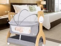 R for Rabbit Lullabies Woodsy 2 in 1 Manual Swing Wooden Cradle Newborn Baby Convertible Cot Bassinet with Mosquito Net, Lockable Wheels & Storage Space for Kids 0-12 Months, Upto 12 Kg (Dark Grey)