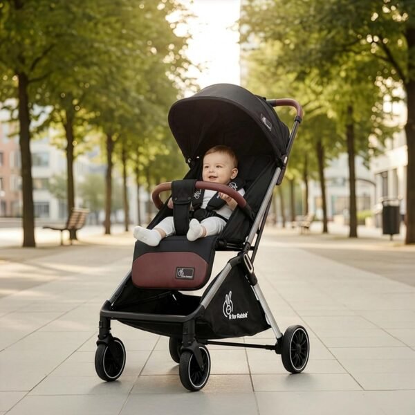 R for Rabbit Street Smart Auto Fold Stylish Newborn Baby Stroller| Aluminum Frame Pram with One Click Fold |Travel Friendly Cabin Trolley Stroller for 0-3 Years ||(Pure Black)