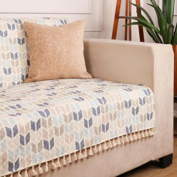 STITCHNEST Quilted Velvet Sofa Cover with Tassels – 70x60 Inch, Beige & Blue Chevron Pattern, Soft & Premium, Washable Sofa Protector for 3-Seater