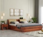 STRATA FURNITURE Sheesham Wood Queen Size Bed with Box Storage Wooden Double Bed Cot Bed Furniture for Bedroom Living Room Home (Honey Finish)