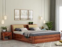 STRATA FURNITURE Sheesham Wood Queen Size Bed with Box Storage Wooden Double Bed Cot Bed Furniture for Bedroom Living Room Home (Honey Finish)