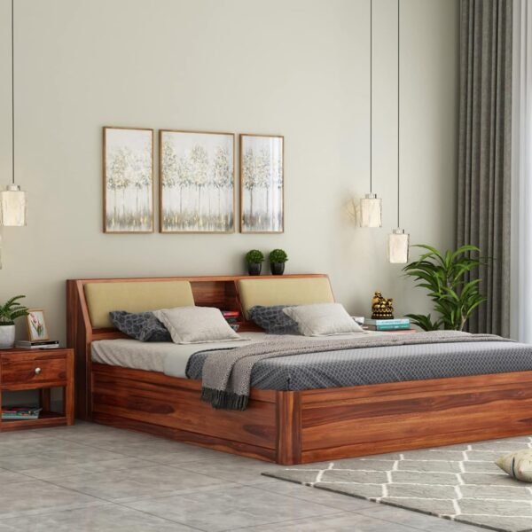 STRATA FURNITURE Sheesham Wood Queen Size Bed with Box Storage Wooden Double Bed Cot Bed Furniture for Bedroom Living Room Home (Honey Finish)