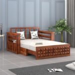 Sheesham Wood 2 Seater Diamond Sofa Cums Bed with Storage and Side Pockets for Living Room | Rosewood Sofa Cums Bed (Honey)