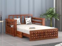 Sheesham Wood 2 Seater Diamond Sofa Cums Bed with Storage and Side Pockets for Living Room | Rosewood Sofa Cums Bed (Honey)