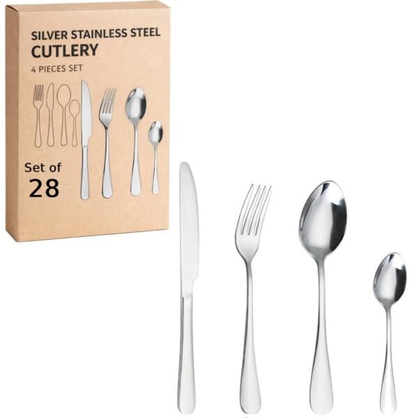 Silver Spoon Set Premium Stainless Steel Flatware Set Mirror Polished Cutlery Utensil Set Durable Home Kitchen Eating Tableware Set,Include Fork Knife Spoon Set (Silver Spoon 28)