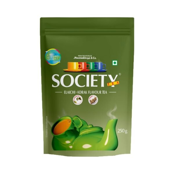 Society Elaichi Adrak Chai — Real Cardamom & Ginger Ground Into Assam CTC, The Two-Spice Cup, Hasmukhrai & Co. Since 1924 | 250 g Pouch | Loose Leaves, No Flavouring, No Essence