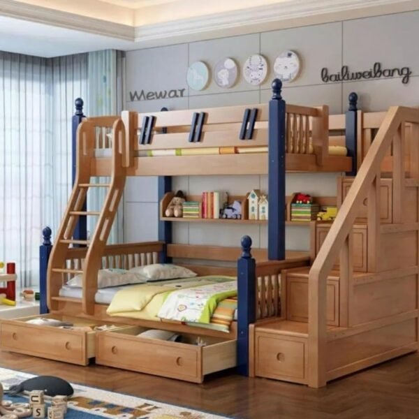 Solid Sheesham Wood Bunk Bed with Storage | Dual-Tone Full Size Wooden Bed with Stairs and Drawers | Ideal for Kids, Teens and Adults (Brown Finish)