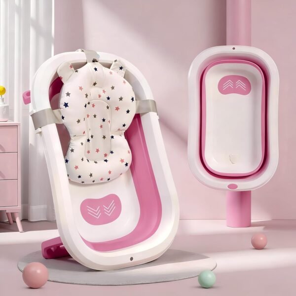 StarAndDaisy Bath Tub for Baby 0-5 Years/Foldable Bath tub for Kids with Cushion, Space Saving Design, Newborn Baby Folding Bathing Tub Girls & Boys, Easy to Store- Pink