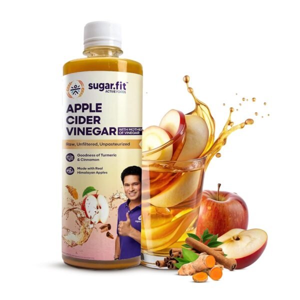 Sugar.fit Apple Cider Vinegar with The Mother raw, unfiltered & unpasteurised ACV Infused with Turmeric & Cinnamon, helps boost immunity, digestion, manage weight, reduce bloating, supports healthy skin and hair - 500ml (Pack of 1)