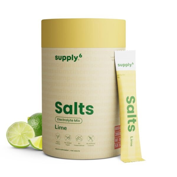 Supply6 Salts | Electrolyte Mix | Zero Added Sugar | Sodium, Potassium, Magnesium, Zinc & Fiber | Keto Friendly, Vegan Friendly, No Preservatives (36 Servings, Lemon Lime)