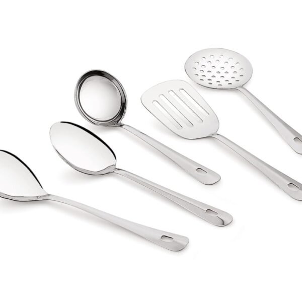 TIARA Lara 5pc Set Serving Cooking Spoon 1.2 mm Thickness Stainless Steel ladle, Rice Spoon, Skimmer, Round Spoon, Basting Spoon (5 Pc Serving Set)