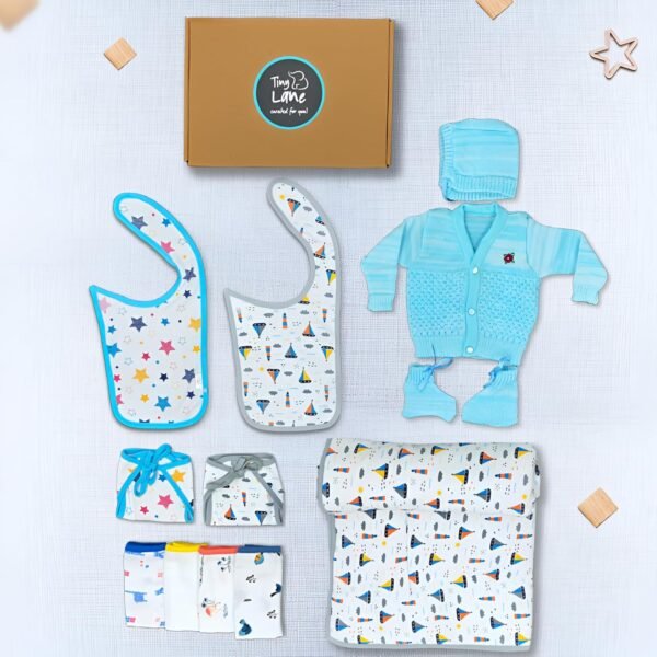 TINYLANE Newborn Baby Winter Gift Set (13 Pcs) for 0–3 Months | Essential Infant Clothing Kit with Quilted Blanket, Sweater, Cap, Booties, Bibs, Washcloths & Nappies | Baby Winter Gift Pack