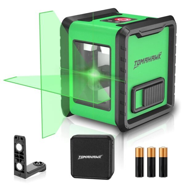 TOMAHAWK® TLL-C-02 Compact 2 Green Line Laser Level - 98ft Green Cross Self-Levelling Laser Line for Construction with Vertical/Horizontal Base, Adjustable Brightness