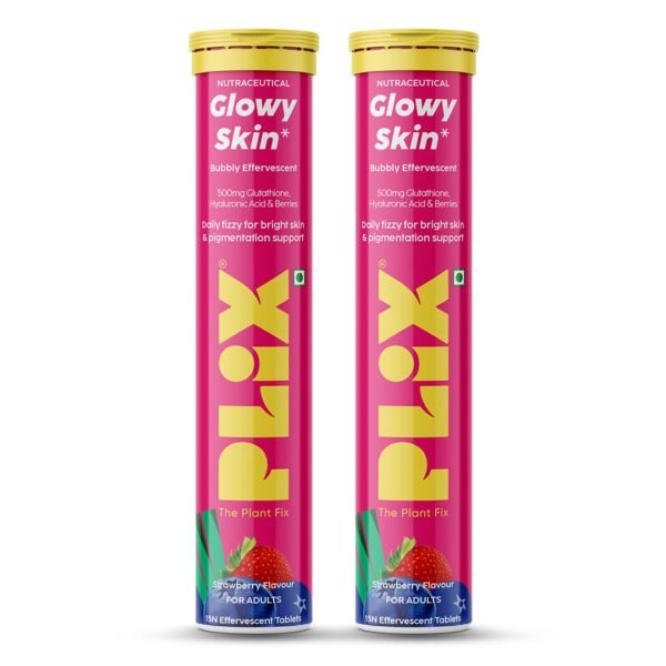 The Plant Fix Plix Glutathione Effervescent Tablets for Clear, Glowing & Youthful Skin | 500mg Glutathione, Vit E & Hyaluronic Acid | No Maltodextrin, No Sugar | Pack of 2 (30 tabs) | Strawberry