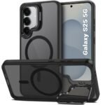 TheGiftKart Hybrid Matte Frosted Back Cover Case for Samsung Galaxy S25 5G | Built-in Stand | Shockproof Hard Case Cover for Samsung Galaxy S25 5G (PC & TPU, MagSafe Compatible, Translucent Black)