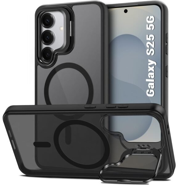 TheGiftKart Hybrid Matte Frosted Back Cover Case for Samsung Galaxy S25 5G | Built-in Stand | Shockproof Hard Case Cover for Samsung Galaxy S25 5G (PC & TPU, MagSafe Compatible, Translucent Black)