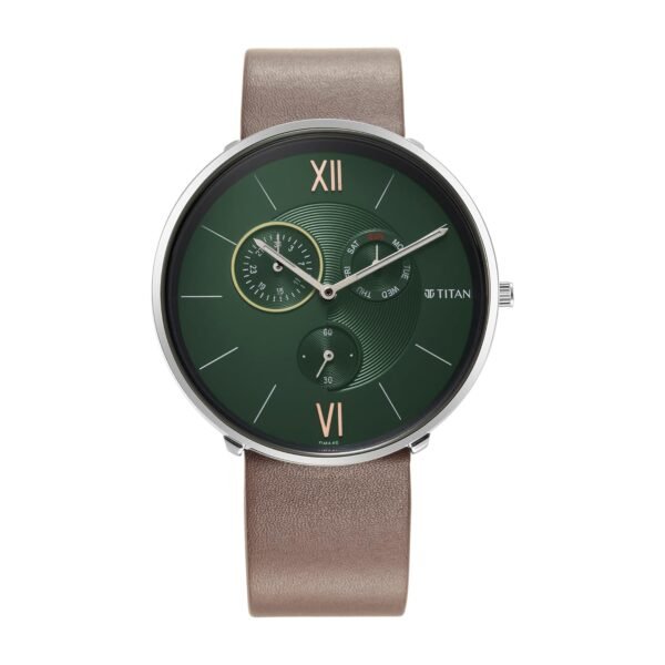 Titan Slim Quartz Multifunction Teal Dial Brown Leather Strap Watch for Men - NT1877SL01