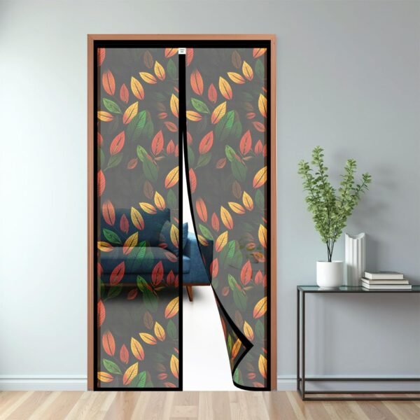 TurtleGrip Magnetic Mosquito Net for Door | Black Mesh with Autumn Leaves Design | Auto-Closing Magnetic Door Curtain with Strong Magnets & Full Frame Hook & Loop | 205x120 cm