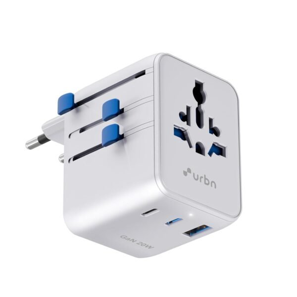 URBN 20W GaN Universal Adapter | Charge 4 Devices Simultaneously | 2500W Universal Socket | Dual USB-C + USB-A | Smart Travel Multi Plug | Global Compatibility | 6-Layer Safety Protection