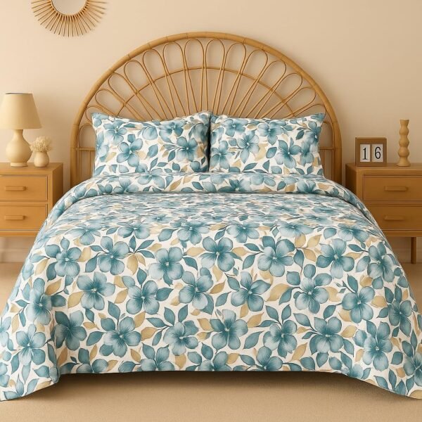VAS COLLECTIONS Cloud Cotton Double Bedsheet 180 TC | Soft & Breathable Cotton Bedding Set with 2 Pillow Covers | Elegant Floral Printed Bed Sheet for Bedroom & Home | 90x90 Inches (Aqua Petal)