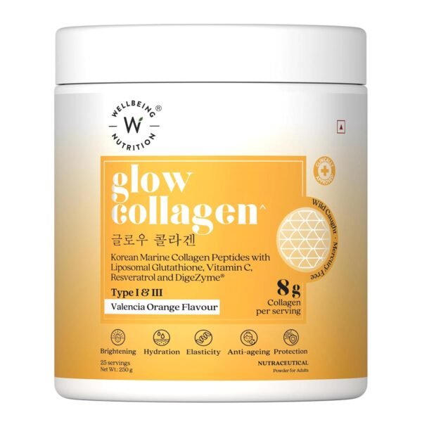 WELLBEING NUTRITION Glow Collagen with Glutathione|Collagen Supplements Marine Collagen Powder with SkinAx², Resveratrol, Bromelain & Goji Berry|250g - Pina Colada Flavor, 1 count, 25 servings