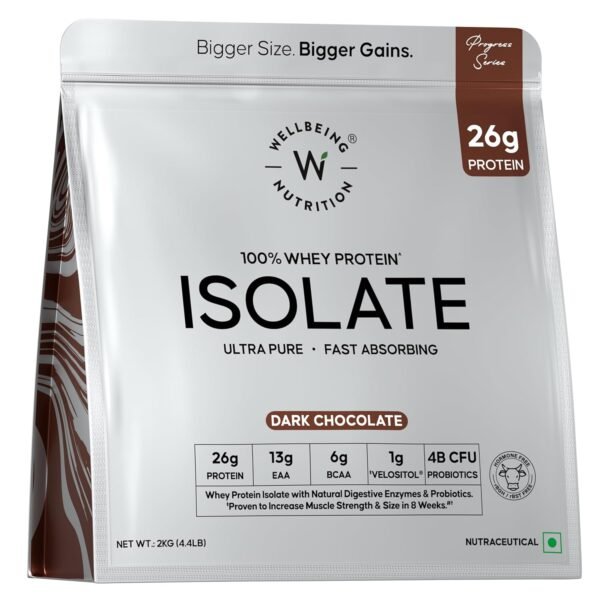Wellbeing Nutrition Clean Whey Protein Isolate 2kg Dark Chocolate | 26g Protein, Clinically Proven Velositol for 2x Muscle Protein Synthesis, 4B CFU Probiotics, Digestive Enzymes, Bloat Free, Easy to Digest