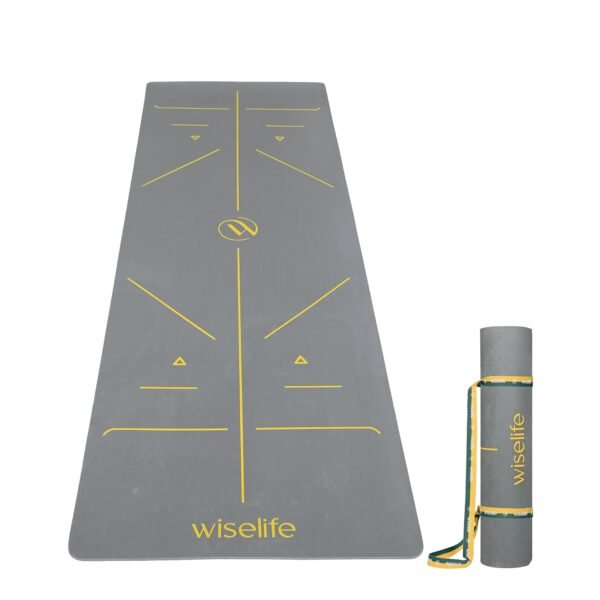 WiseLife TRUE Body Alignment Yoga Mat + Sleek Yoga Strap for Men and Women | Non-Slip Textured Extra Wide & Thick | Pro Balance Eco-TPE Exercise Mat For Home, Pilates, Gym & Fitness (6mm, Grey)