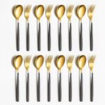 YELONA Set of 16 Premium Gold Titanium Plated Stainless Steel Cutlery, Flatware & Tableware (Contains: 8 Master Spoons, 8 Master Forks) - (Golden & Charcoal Black)