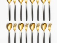 YELONA Set of 16 Premium Gold Titanium Plated Stainless Steel Cutlery, Flatware & Tableware (Contains: 8 Master Spoons, 8 Master Forks) - (Golden & Charcoal Black)