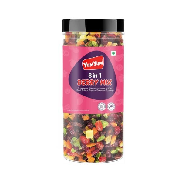 Yum Yum 8 Berries Mix 250g | Premium Dried Berries Without Sugar | Cranberry, Blueberry, Strawberry, Black Raisins, Pineapple, Papaya, Kiwi & Mango | Healthy Dry Fruit Snack