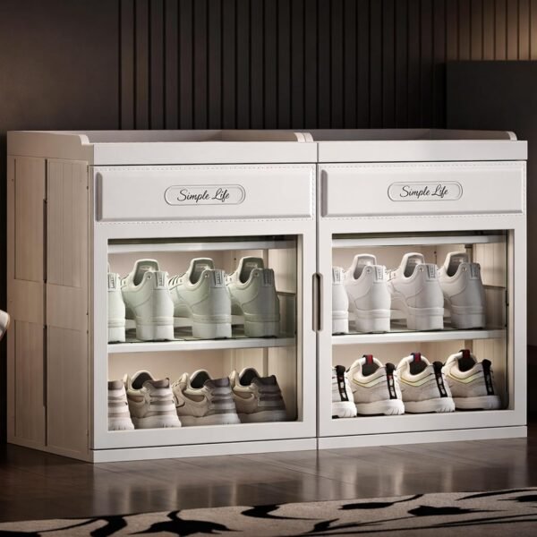 Zemic Multiuse Modular Plastic Shoe Rack for Home with Door | 𝟔 𝐒𝐡𝐞𝐥𝐟 Stackable Organizer | Waterproof & Dustproof | Space Saving Storage for Home, Bedroom & Entryway【White, Double-Door-6-Shelf】