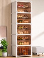 Zemic Plastic Shoe Rack for Home | 𝟏𝟎 𝐒𝐡𝐞𝐥𝐟 DIY Shoe Rack with Door 𝐌𝐚𝐠𝐧𝐞𝐭𝐬 for Home Storage Plastic Box Organizer, Metal Door Frame, Chappal Slipper Sandal Stand【White, 10-SHELF-5-DOOR】