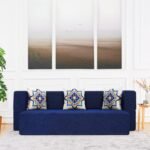 uberlyfe New Age 3 Seater Sofa Cum Bed | 1 Year Warranty | Foldable Floor Sofacum Bed | Sits 3 & Sleeps 2 |13" Sofa Height |Dark Blue Color, Chennille Fabric, 3 Blue Medallion Cushions