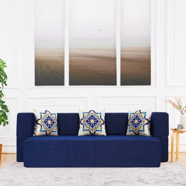 uberlyfe New Age 3 Seater Sofa Cum Bed | 1 Year Warranty | Foldable Floor Sofacum Bed | Sits 3 & Sleeps 2 |13" Sofa Height |Dark Blue Color, Chennille Fabric, 3 Blue Medallion Cushions