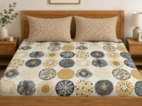 LOOMLYFE 300 TC Cotton Feel Glace Cotton Elastic Fitted Printed King Size Double Bed Bedsheet with 2 Pillow Covers Fits Upto 8 inches Mattress, Size- 72X78 Inches, BeigeDots