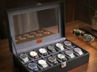 LEDO Men's and Women's Watch Box Holder Organizer Case In 12 Slots of watches In PU Leather with Black & Gray
