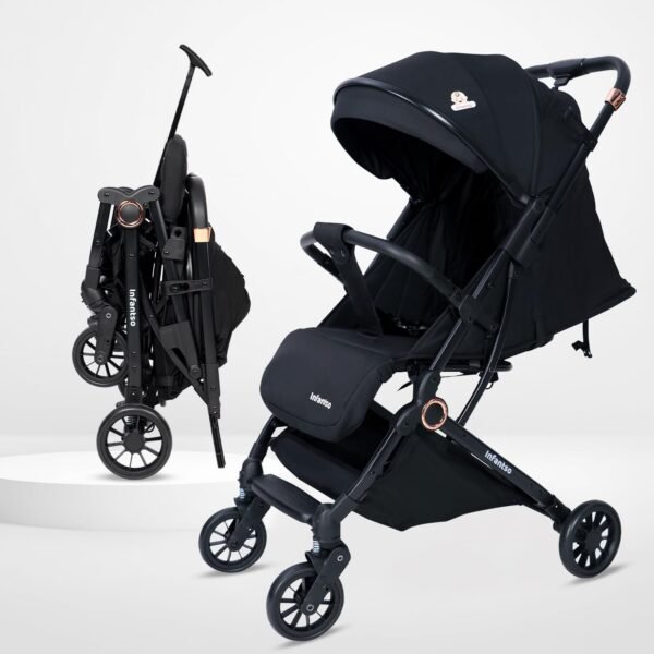 Infantso RIDE-X Premium Baby Stroller / Pram Auto Fold with 5 Points Safety Harness, Multi Level seat Recline & Spacious Cushioned seat, One-Hand Fold and 360° Rotating Wheels, Travel Friendly, Extendable Canopy, Adjustable Footrest, Shock Absorption Wheels, Lightweight Stroller for 0 to 3 Years (Black)