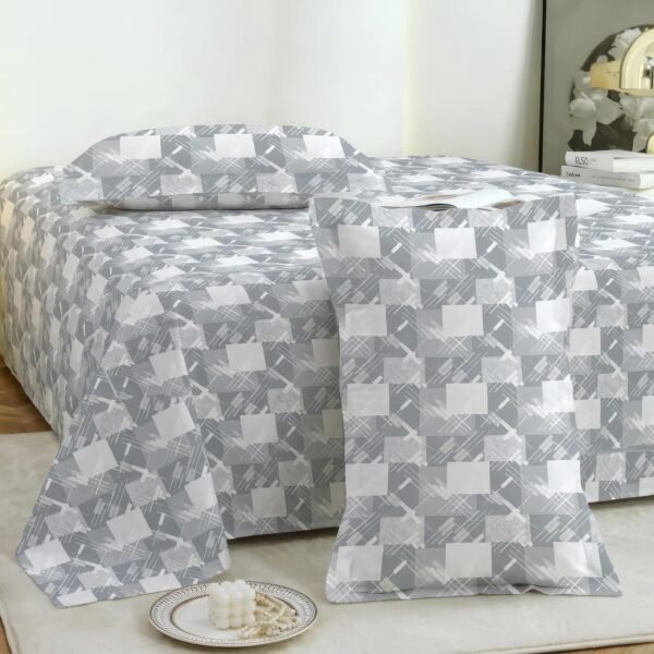 Story@Home 190 TC Cotton Double Bedsheet Set with 2 Pillow Covers | Soft Breathable Fabric | 250 x 225 cm Double Bed Sheet |Grey Geometric Printed Bedding for Bedroom