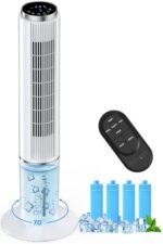 HIFRESH 107CM Tower Fan for Room w/Cooling Function, Bladeless Tower Fans for Home, Remote & Touch, 4 Modes & 3 Speeds, 26Ft Air Throw, 12H Timer, 4 Ice Packs, Auto Rotation, Low Power Consumption