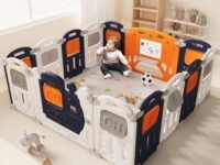 Dawnwake Assembly-Free 14 Panel Playard, Baby Playpen Fence with Crawling Mat and Football for Baby Upto 8 Years with Safety Locking Door & Drawing Board (150x150cm, Foldable) -Blue