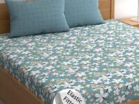 LOOMLYFE 300 TC Cotton Feel Glace Cotton Elastic Fitted Printed King Size Double Bed Bedsheet with 2 Pillow Covers Fits Upto 8 inches Mattress, Size- 72X78 Inches, SkyBlue