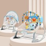 INFANTSO Baby Rocker & Bouncer for 0 to 2 Years (Dark Blue), Portable Rocker for Newborn with Mosquito Net, Calming Vibrations, Soft Music & 3 Hanging Toys, 5-Point Safety Harness