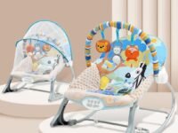 INFANTSO Baby Rocker & Bouncer for 0 to 2 Years (Dark Blue), Portable Rocker for Newborn with Mosquito Net, Calming Vibrations, Soft Music & 3 Hanging Toys, 5-Point Safety Harness