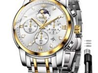 OLEVS Chronograph Watches for Men Original Analog Quartz Black Stainless Steel Chain Luxury Dual Time Zone Moon Phase Date Waterproof Men's Wrist Watch