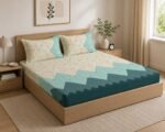 LOOMLYFE 300 TC Cotton Feel Glace Cotton Elastic Fitted Printed Queen Size Double Bed Bedsheet with 2 Pillow Covers Fits Upto 8 inches,Size- 60x78x10 Inches, BeigeGreenTri
