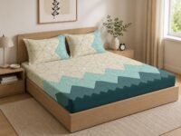 LOOMLYFE 300 TC Cotton Feel Glace Cotton Elastic Fitted Printed Queen Size Double Bed Bedsheet with 2 Pillow Covers Fits Upto 8 inches,Size- 60x78x10 Inches, BeigeGreenTri