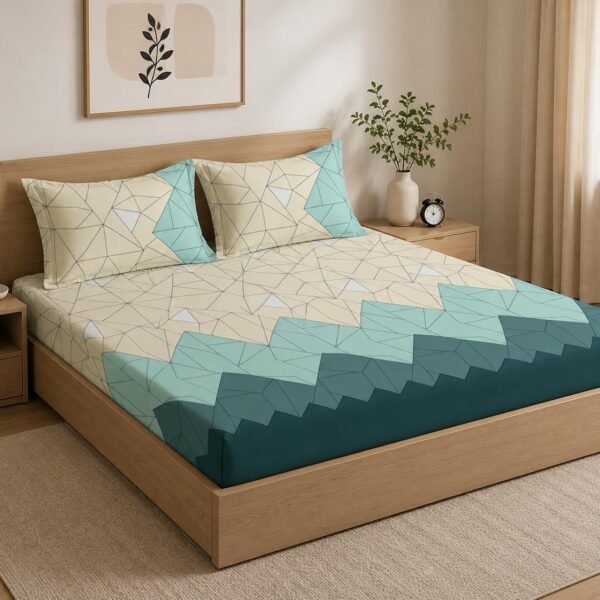 LOOMLYFE 300 TC Cotton Feel Glace Cotton Elastic Fitted Printed Queen Size Double Bed Bedsheet with 2 Pillow Covers Fits Upto 8 inches,Size- 60x78x10 Inches, BeigeGreenTri