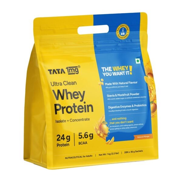 Tata 1mg Ultra Clean Whey Protein Isolate + Concentrate - Mango 1kg (2.2 lbs) | 24g Protein, 5.6g BCAA & 30B CFU Probiotics | Lab-Tested, No Added Sugar, No Adulterant, Easy to Digest | 28 Sachets